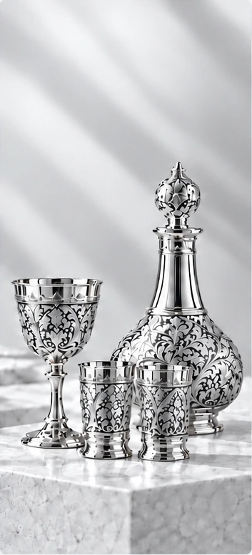 Серебряные бокал, рюмки и штоф