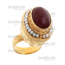 Кольцо кубачинское высокое с сердоликом и мелким жемчугом (Новинка) 