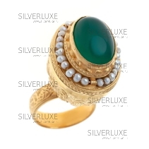 Кольцо кубачинское высокое с нефритом и мелким жемчугом (Новинка) 