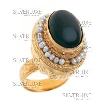 Кольцо кубачинское высокое с хризопразом и мелким жемчугом (Новинка) 