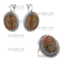 Комплект серебряный, камень кабошон унакит