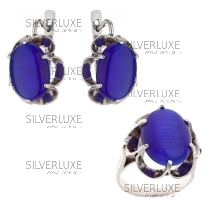 Серебряный комплект, камень кошачий глаз