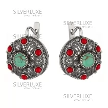 Серьги серебряные бирюза с кораллом 